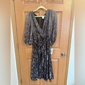 DKNY dress size 12 brown faux wrap animal print NWT knee length 3/4 sleeve